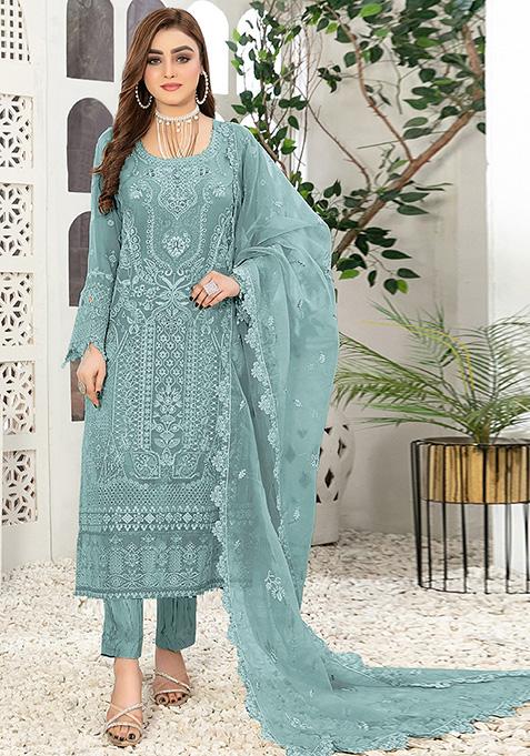 Light Grey Embroidered Faux Georgette Kurta Set