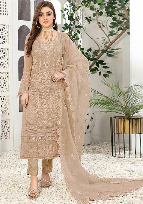 Light Brown Embroidered Faux Georgette Kurta Set