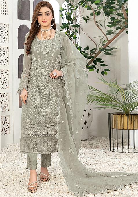 Light Mehendi Embroidered Faux Georgette Kurta Set