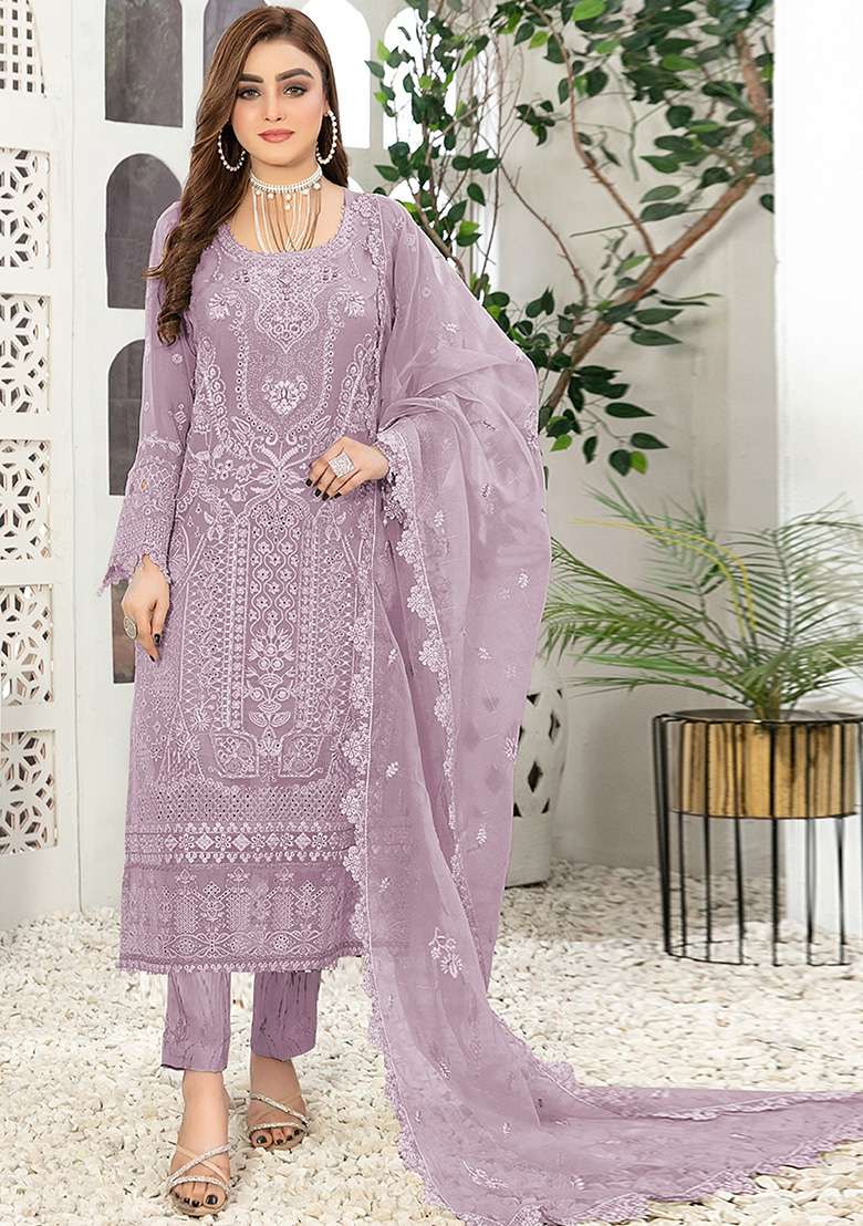 Lavender Embroidered Faux Georgette Kurta Set - Indya