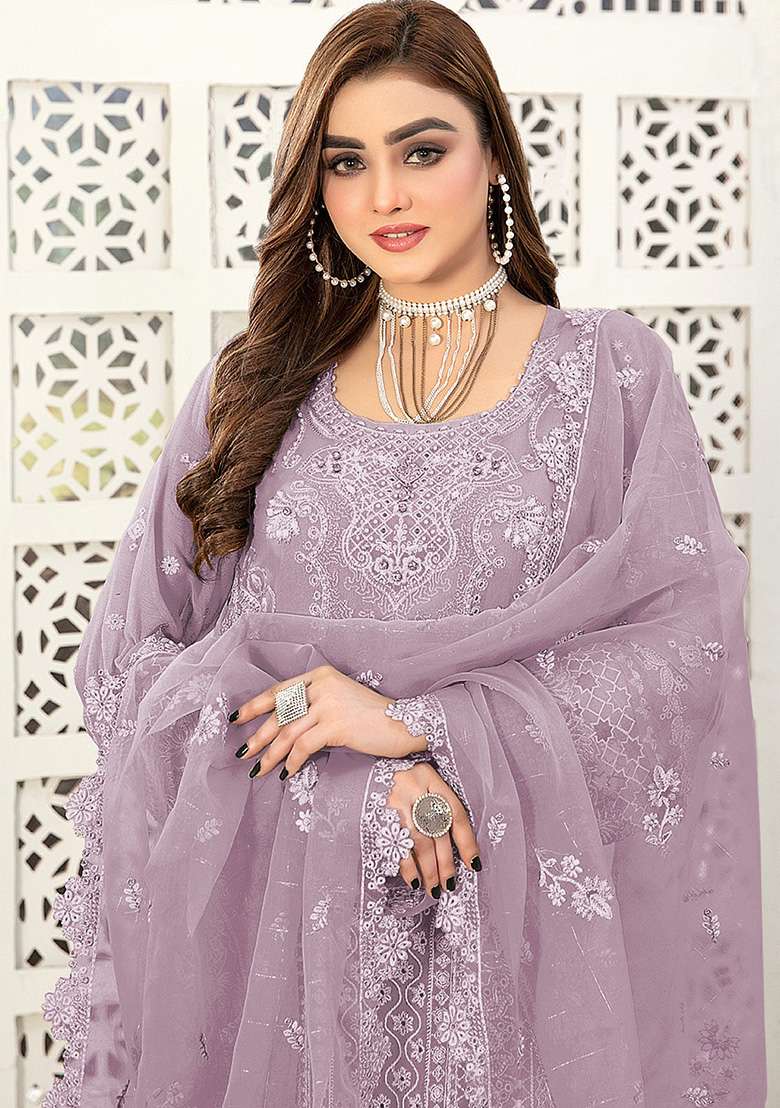 Lavender Embroidered Faux Georgette Kurta Set - Indya