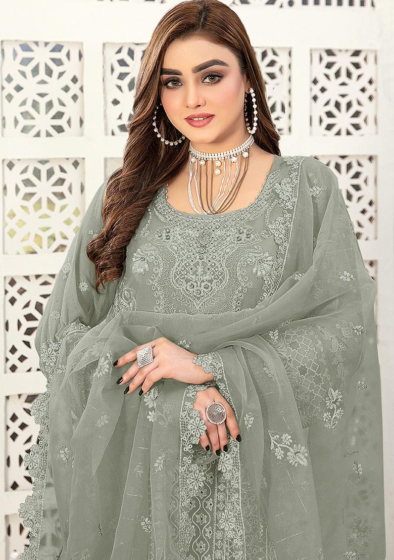 Grey Embroidered Faux Georgette Kurta Set
