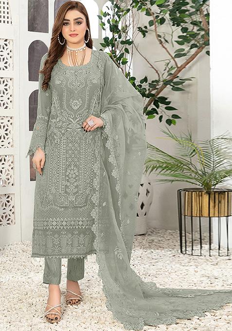 Grey Embroidered Faux Georgette Kurta Set