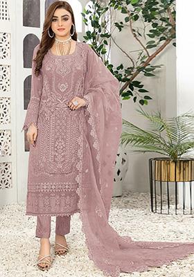 Purple Embroidered Faux Georgette Kurta Set