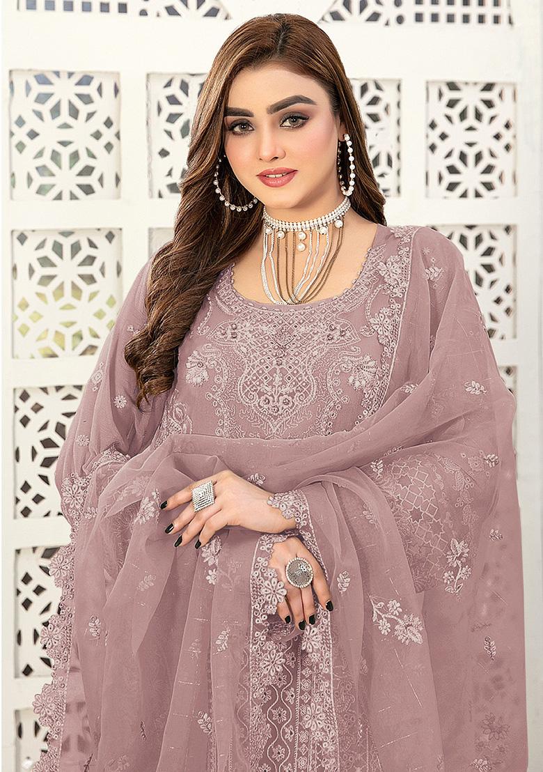 Purple Embroidered Faux Georgette Kurta Set