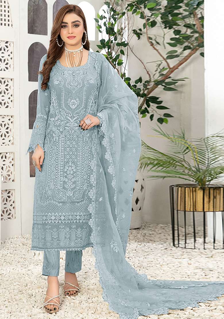 Light Blue Embroidered Faux Georgette Kurta Set - Indya
