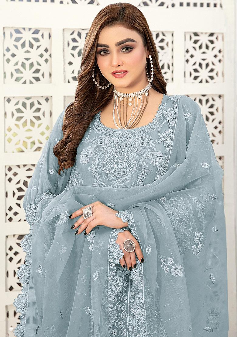 Light Blue Embroidered Faux Georgette Kurta Set