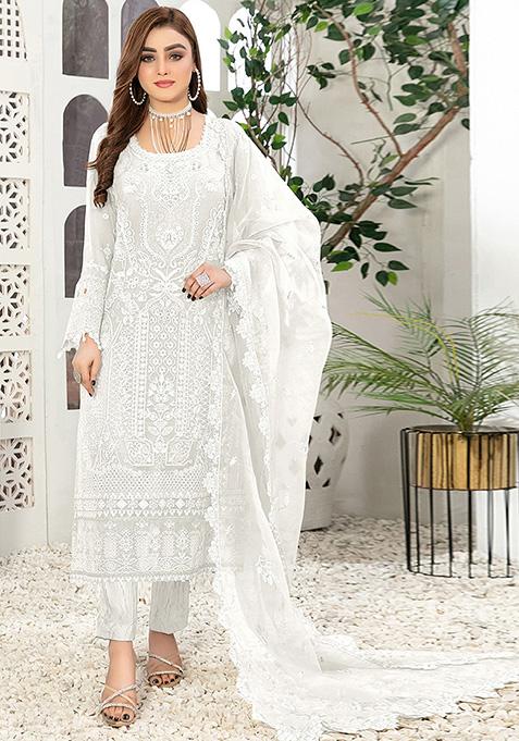 White Embroidered Faux Georgette Kurta Set