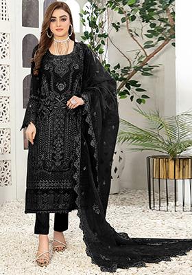 Black Embroidered Faux Georgette Kurta Set