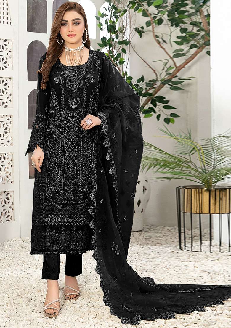 Black Embroidered Faux Georgette Kurta Set - Indya