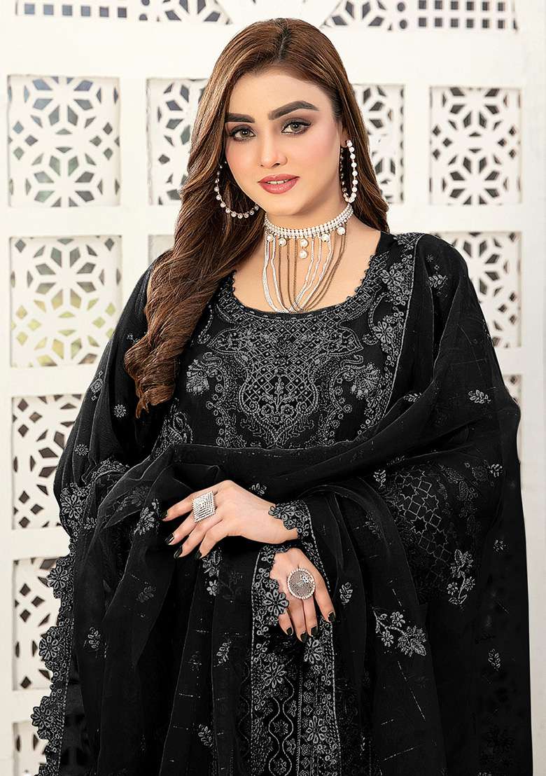 Black Embroidered Faux Georgette Kurta Set - Indya