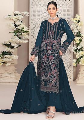 Teal Embroidered Faux Georgette Kurta Set