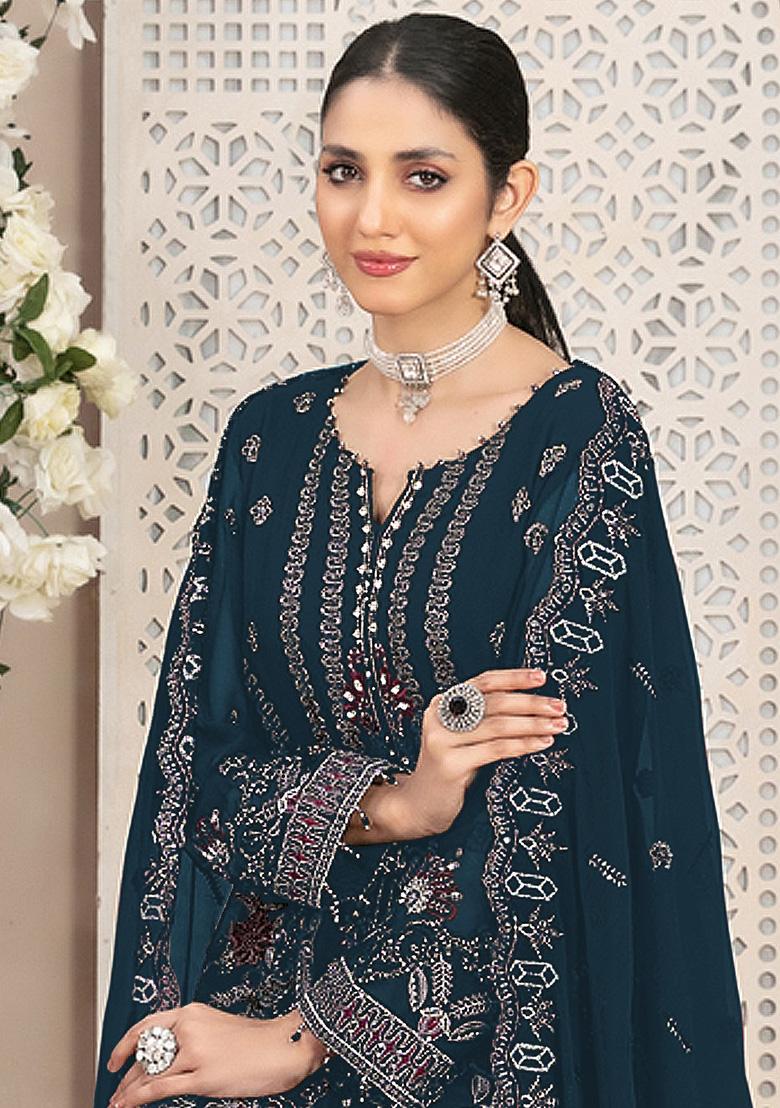 Teal Embroidered Faux Georgette Kurta Set