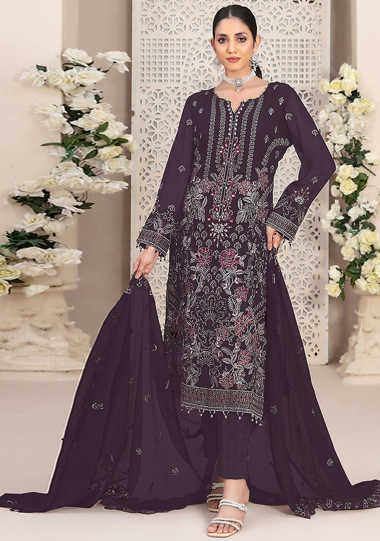 Wine Embroidered Faux Georgette Kurta Set