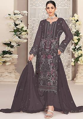 Purple Embroidered Faux Georgette Kurta Set