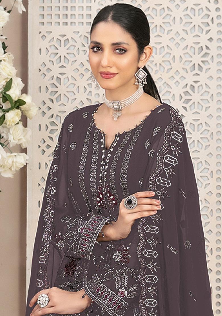 Purple Embroidered Faux Georgette Kurta Set