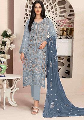 Sky Blue Embroidered Faux Georgette Kurta Set