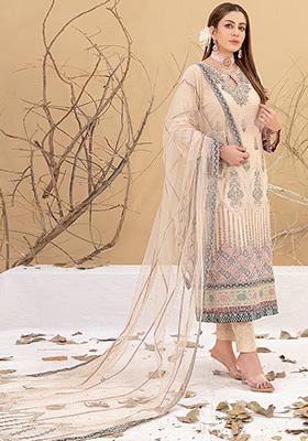 Cream Embroidered Faux Georgette Kurta Set