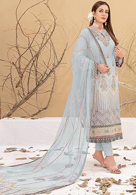 Sky Blue Embroidered Faux Georgette Kurta Set