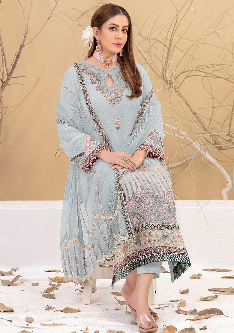 Sky Blue Embroidered Faux Georgette Kurta Set