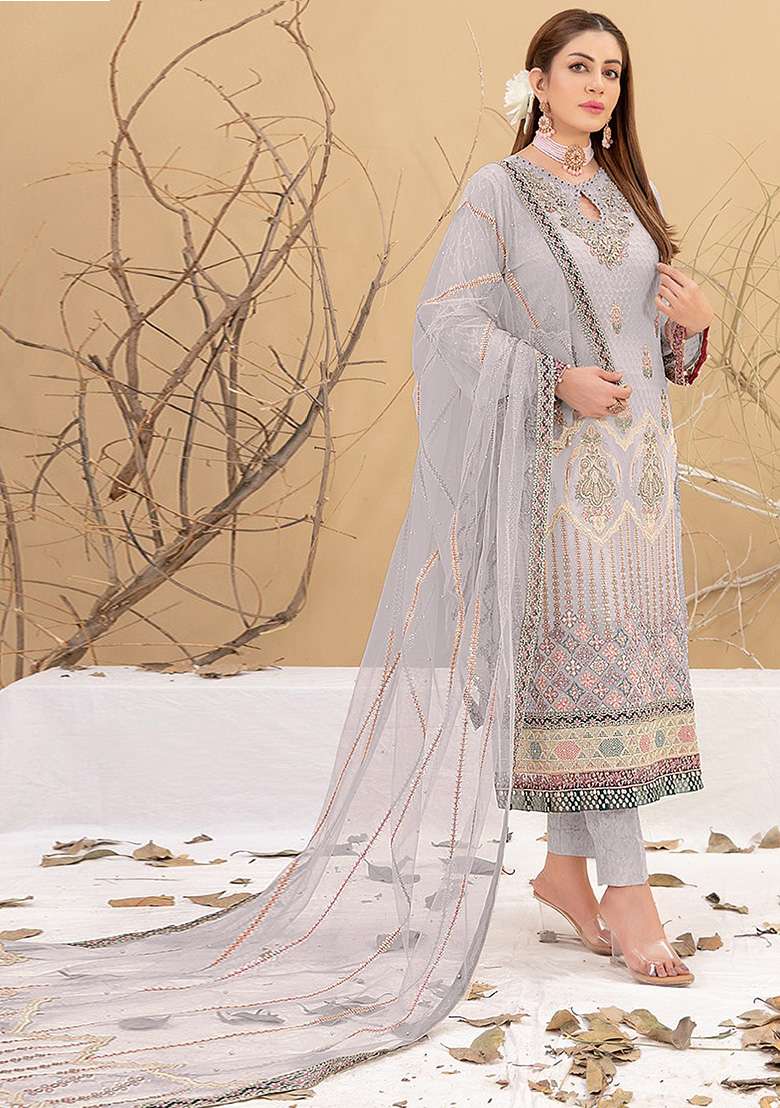 Light Grey Embroidered Faux Georgette Kurta Set - Indya