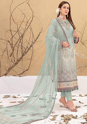 Light Green Embroidered Faux Georgette Kurta Set