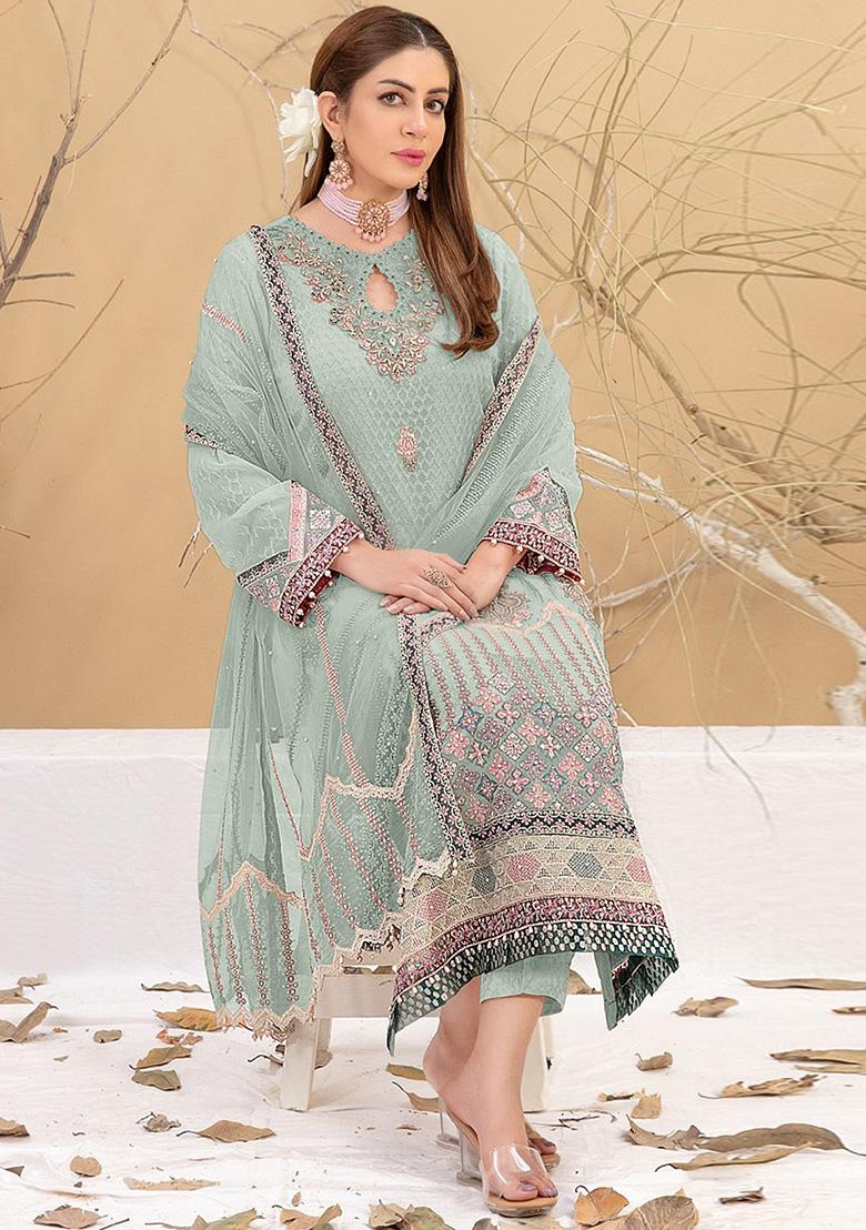 Light Green Embroidered Faux Georgette Kurta Set