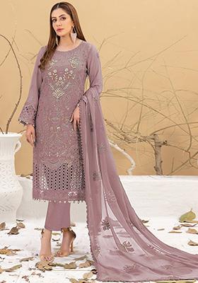 Purple Embroidered Faux Georgette Kurta Set