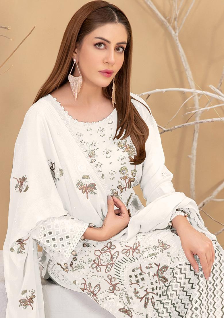 White Embroidered Faux Georgette Kurta Set