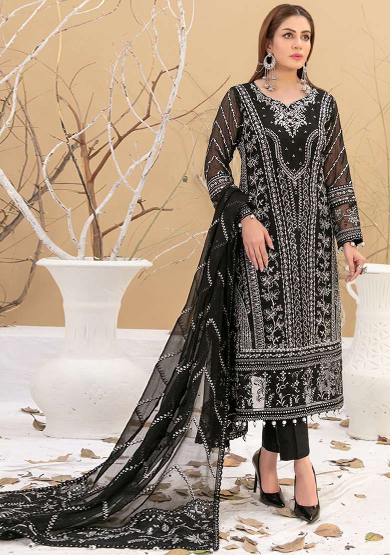 Black Embroidered Georgette Pakistani Suit Set - Indya