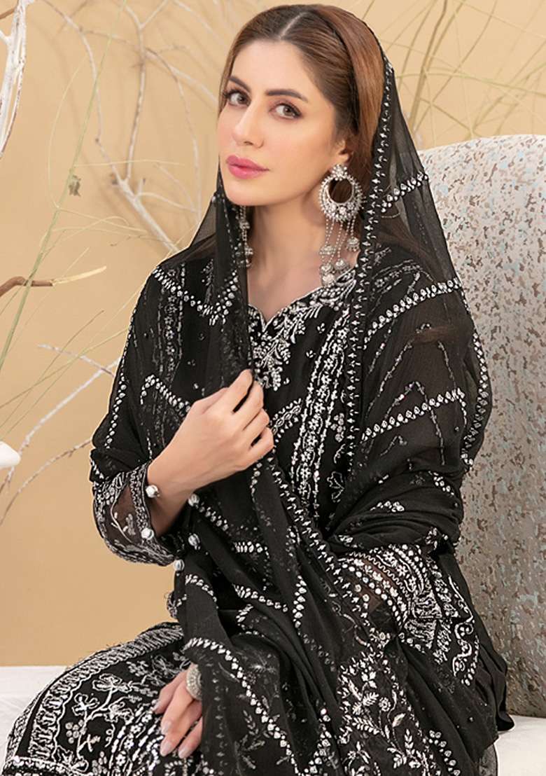 Black Embroidered Georgette Pakistani Suit Set - Indya