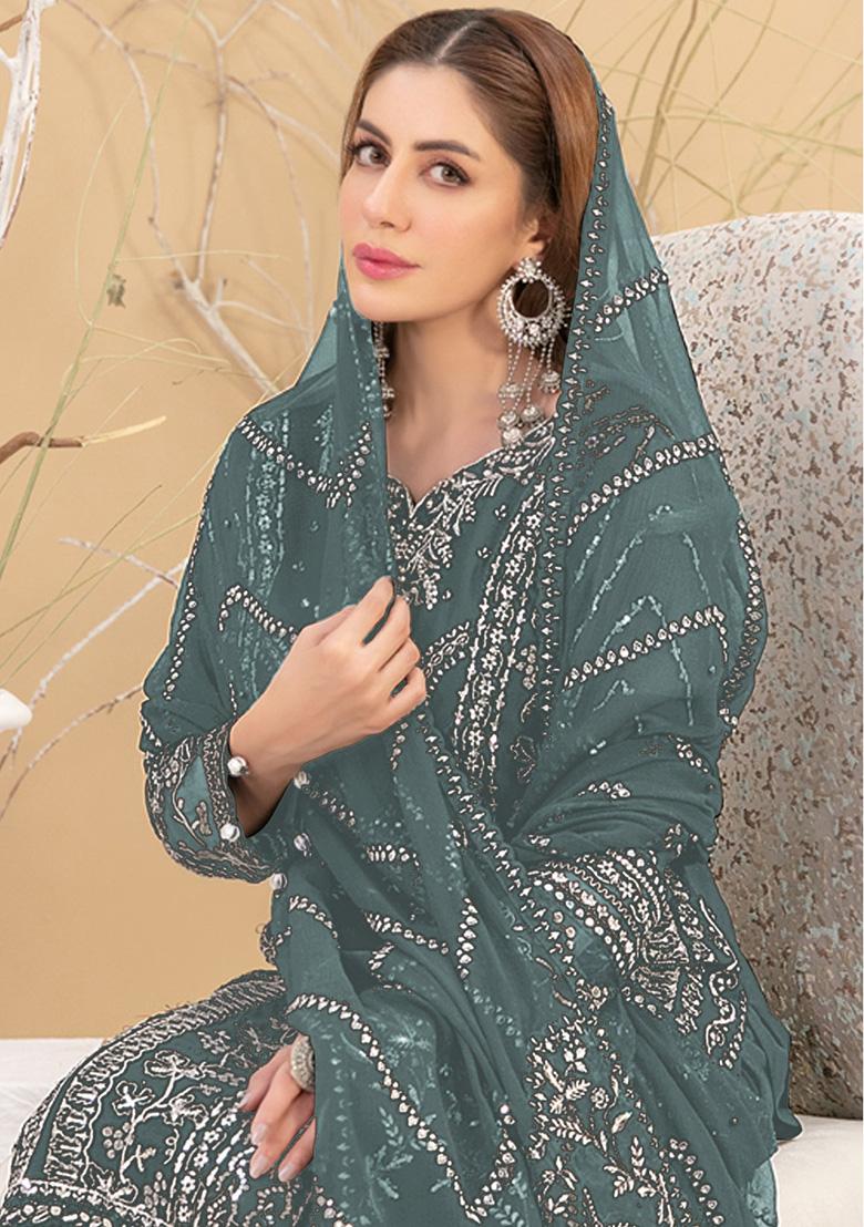 Teal Embroidered Faux Georgette Kurta Set