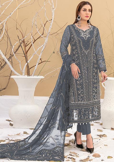 Grey Embroidered Faux Georgette Kurta Set
