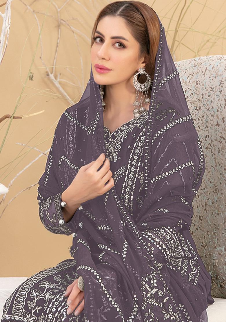 Purple Embroidered Faux Georgette Kurta Set