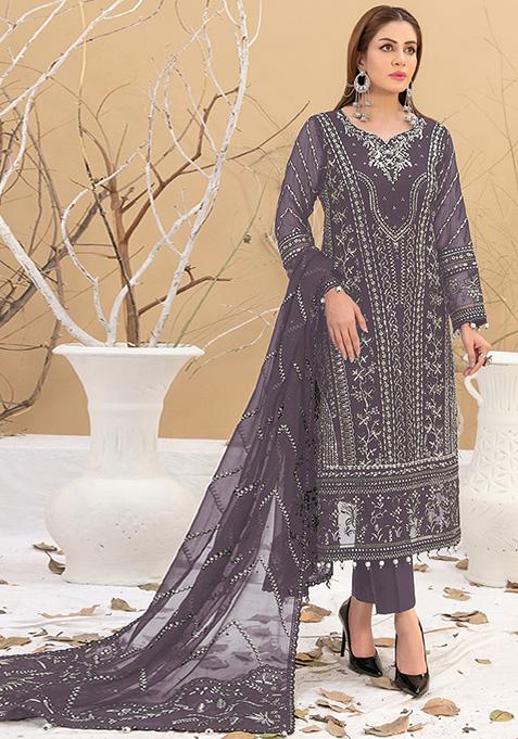 Purple Embroidered Faux Georgette Kurta Set