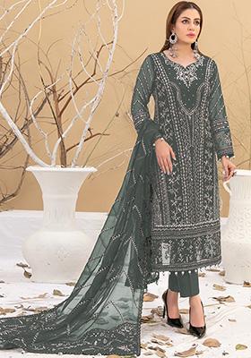 Grey Embroidered Faux Georgette Kurta Set