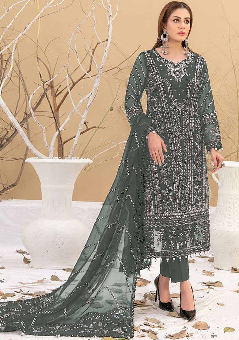 Grey Embroidered Faux Georgette Kurta Set - Indya