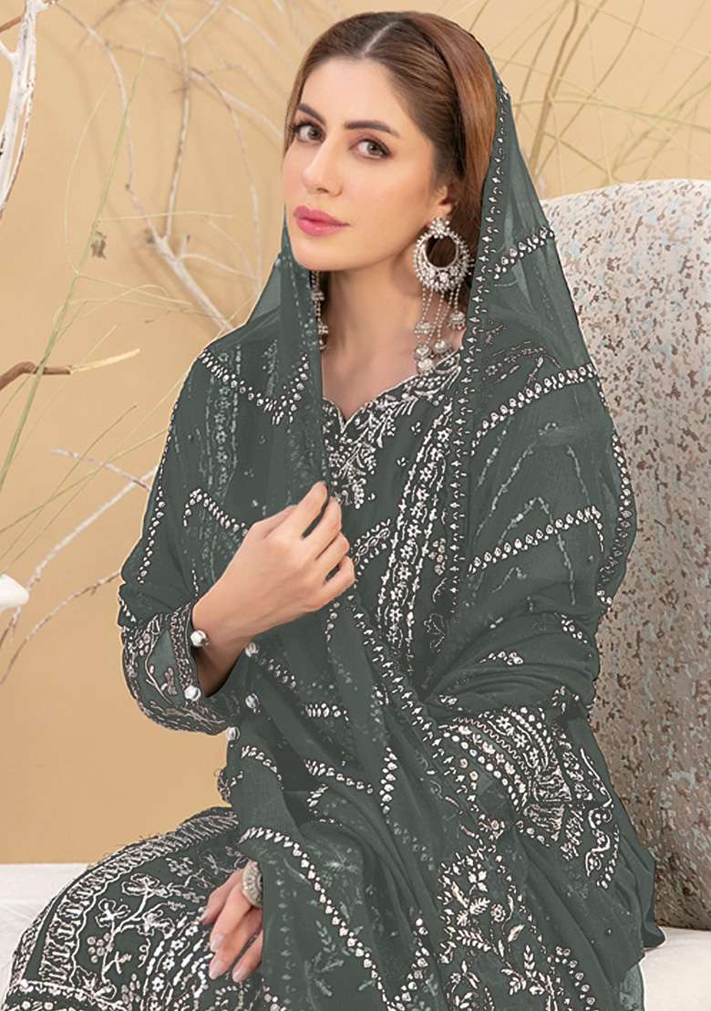 Grey Embroidered Faux Georgette Kurta Set - Indya
