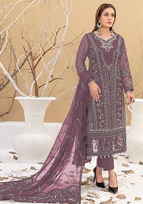 Purple Embroidered Faux Georgette Kurta Set