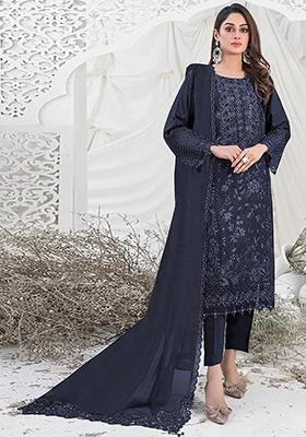 Navy Blue Embroidered Faux Georgette Kurta Set