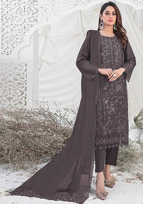 Brown Embroidered Faux Georgette Kurta Set