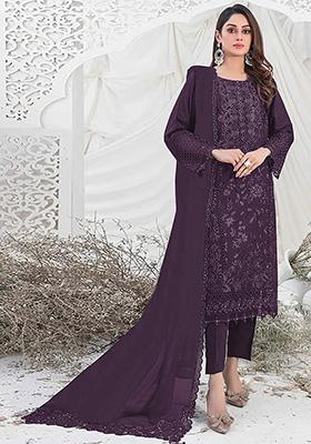 Wine Embroidered Faux Georgette Kurta Set