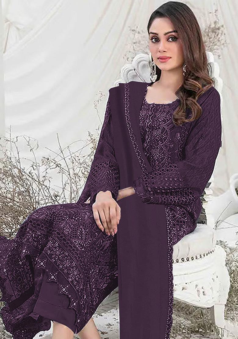 Wine Embroidered Faux Georgette Kurta Set