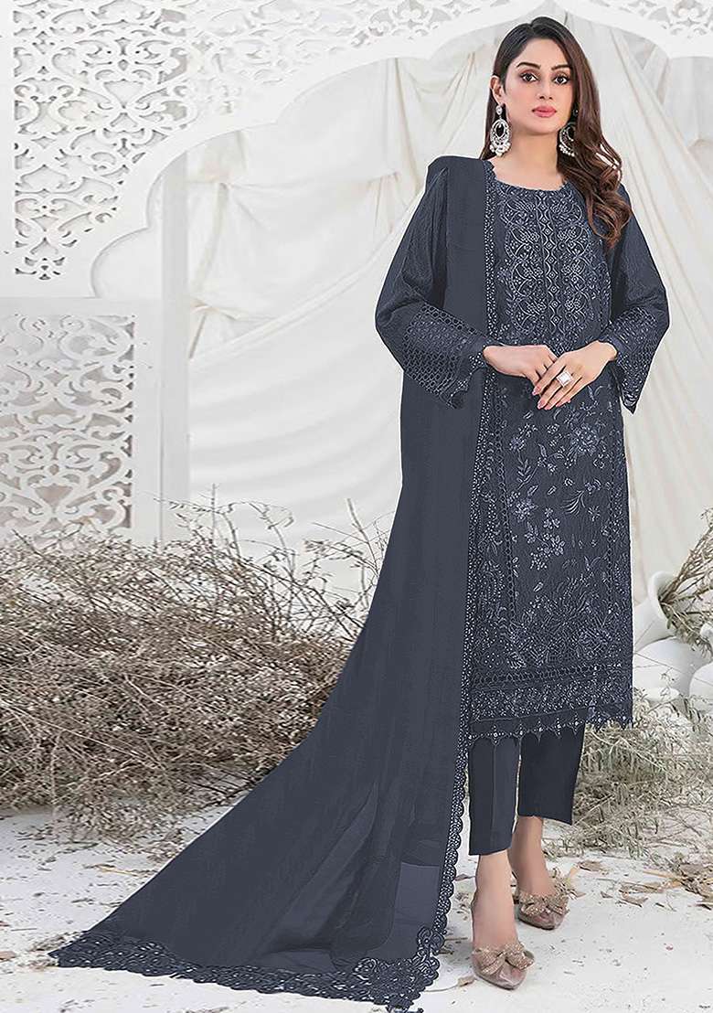 Dark Grey Embroidered Faux Georgette Kurta Set - Indya