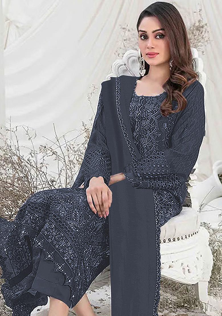Dark Grey Embroidered Faux Georgette Kurta Set