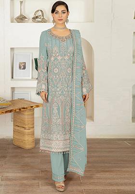 Sky Blue Embroidered Faux Georgette Kurta Set