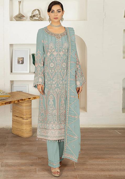 Sky Blue Embroidered Faux Georgette Kurta Set