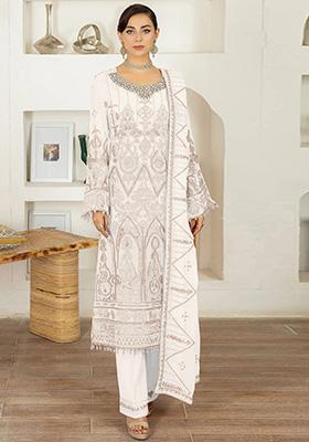 White Embroidered Faux Georgette Kurta Set