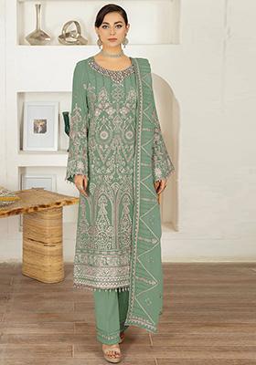 Light Green Embroidered Faux Georgette Kurta Set