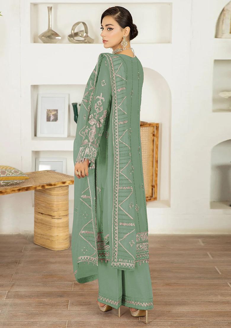 Light Green Embroidered Faux Georgette Kurta Set